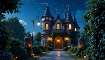 Castle at Night Under Starry Sky