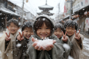an image capturing a group of japanese children in traditional robes enthusiastically participating in a bean-throwing ceremony (setsubun).
