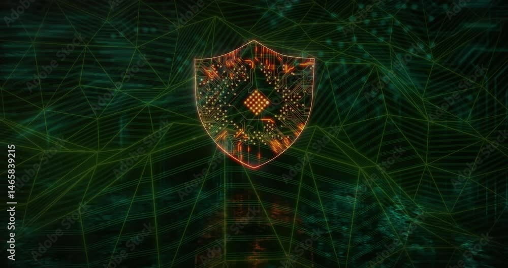 Poster glowing circuit shield floating in neon wireframe network, featuring digital nodes and particles