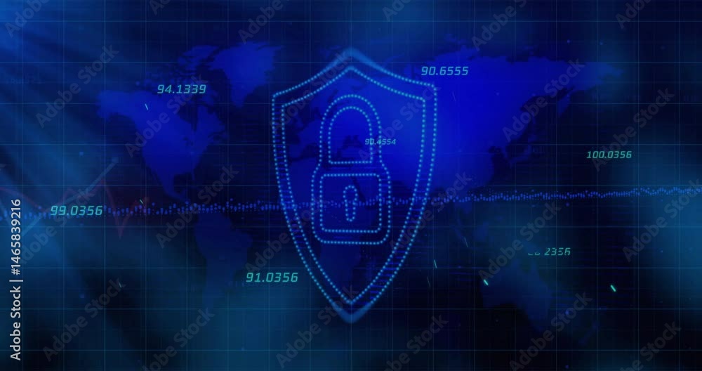 Poster central dotted shield highlighting padlock icon over world map grid lines displaying changing data
