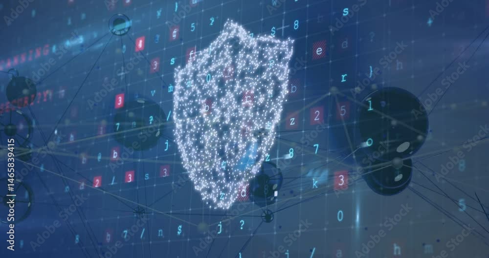 Poster glowing particle shield floating over blue grid displaying characters and nodes connecting lines