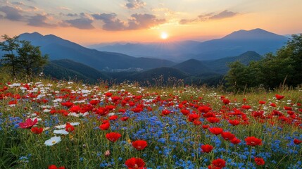 Majestic mountain meadow at sunset