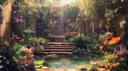 Serene garden with waterfall, pond, and lush vegetation showcasing tranquility