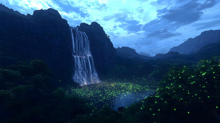 Glowing Fireflies Waterfall Mountain Landscape Night Scene