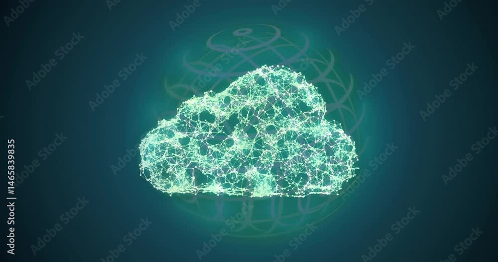 Poster glowing network nodes forming cloud mesh, featuring subtle globe wireframe background