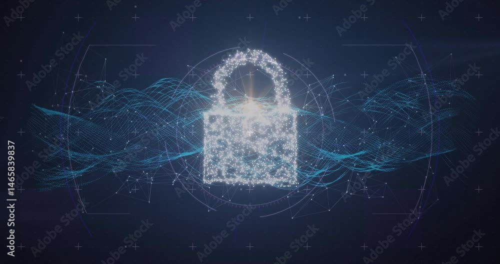 Poster particle padlock icon being animated on network hub as 3d render, with data waves and nodes