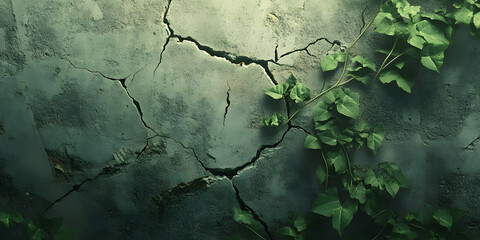 Obraz premium Crack Texture Image, Green Vines Photo, Cracked Cement Imagery, Urban Decay Design, Overgrown Wall, Detailed Leaf Design, Aged Wall Surface