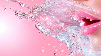 Fototapeta premium Water Splashing on Pink Lips with Refreshing Effect and Soft Pink Background