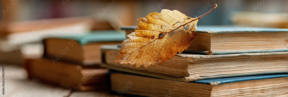 Leinwandbilder stack of worn books with a dried leaf nestled as a bookmark on a rustic wooden table generative ai