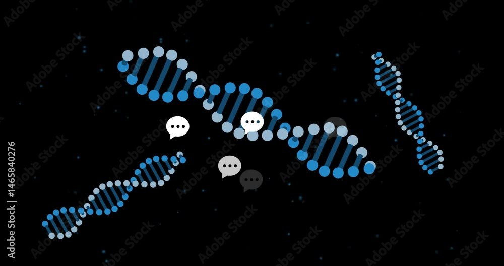 Poster stylized dna helix floating in black void, with glowing particle dots and chat bubble icons