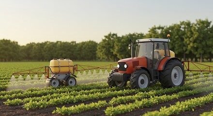 3d cute cartoon illustration, tractor spraying pesticides on soybean crops in spring evening, smart farming technology and sustainable agriculture practices, subject on left with copy space on right