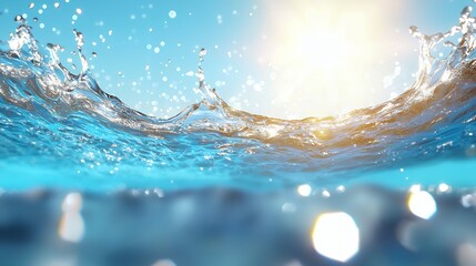 Water Splashing Upward with Bright Sunlight and Clear Blue Sky