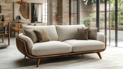 Fototapeta premium Modern sectional sofa with wooden legs and neutral upholstery