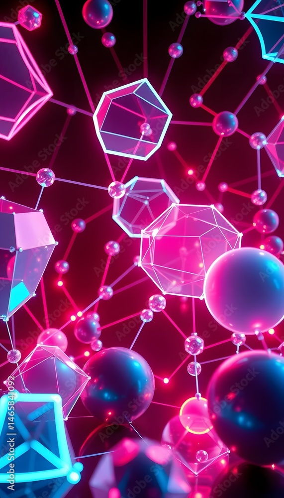 Poster digital network of interconnected shapes. holographic polygons and spheres glow in neon light, an ab