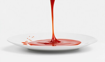 Ketchup dripping from everybody's plate, like to see food in the bowl, isolated on a white background with a clipping path. This is a real photo of ketchup sauce pouring into a ceramic plate against a