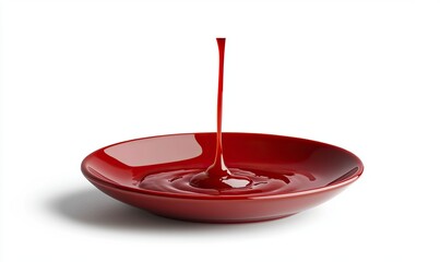 Ketchup dripping from everybody's plate, like to see food in the bowl, isolated on a white background with a clipping path. This is a real photo of ketchup sauce pouring into a ceramic plate against a