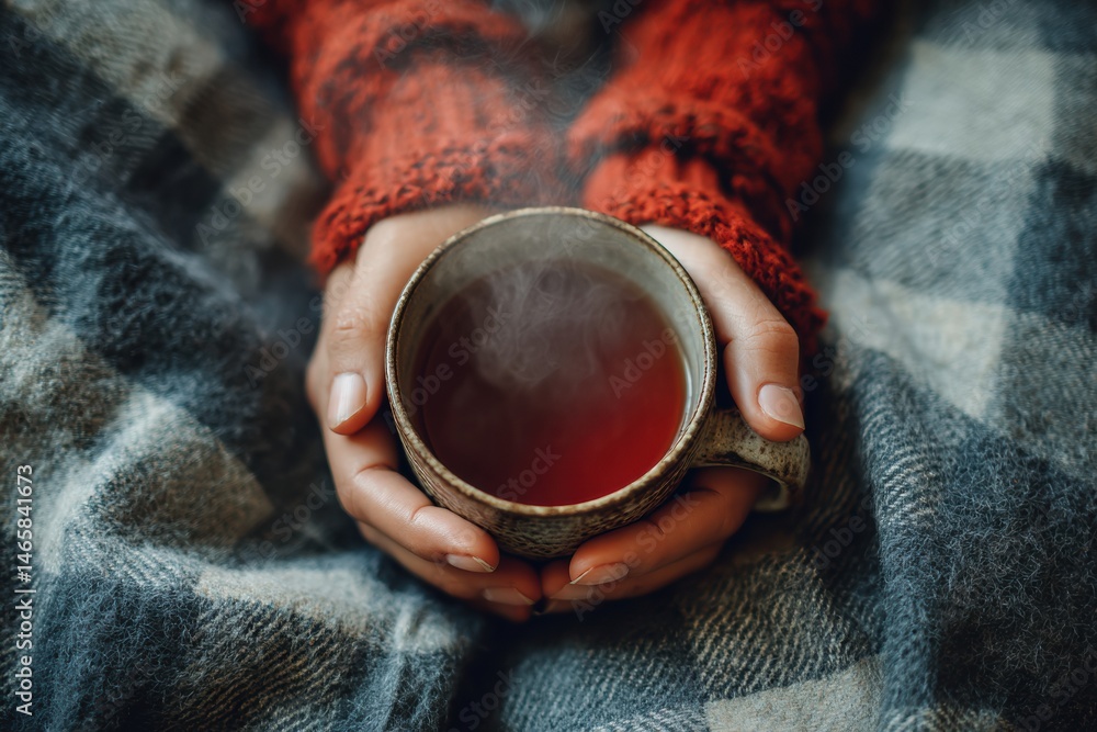 Poster cozy hands holding a steaming cup of tea on a soft flannel blanket in a warm, inviting atmosphere ge