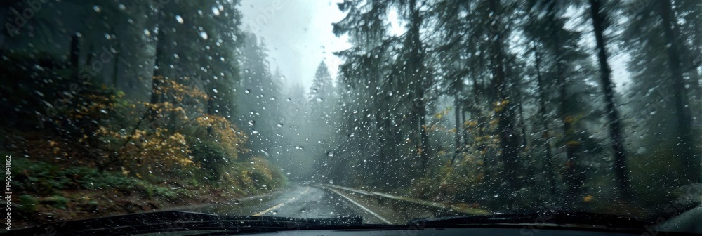 Aufkleber Rain Falls on Windshield While Driving Through a Misty Forest Road in the Morning Generative AI