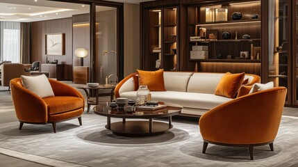 Modern, sophisticated living room with warm tones and comfortable seating