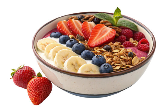 A healthy breakfast of muesli with fresh strawberries and blueberries in a bowl with milk offers a nutritious and sweet start to the morning
