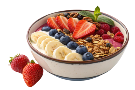 A healthy breakfast of muesli with fresh strawberries and blueberries in a bowl with milk offers a nutritious and sweet start to the morning