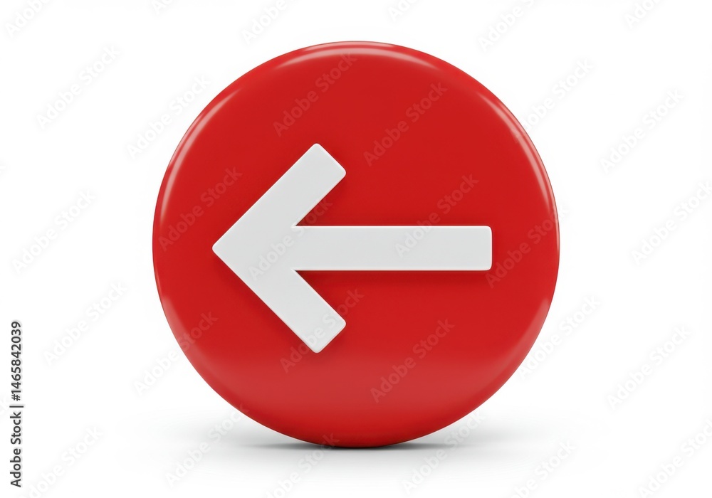 Poster a red circle with a white arrow pointing to the left direction isolated on white background