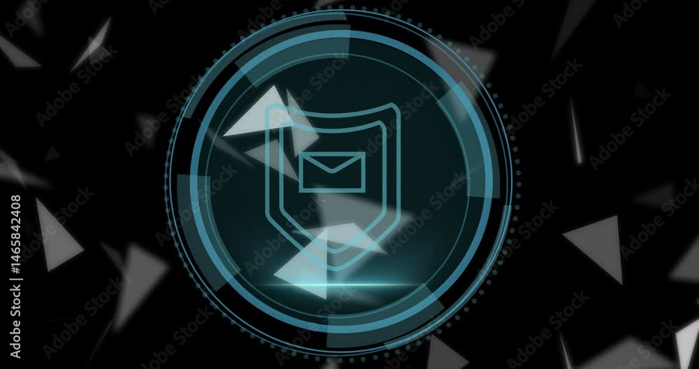 Poster teal circular hud showing shield envelope icon, projecting scanning beam and floating shards