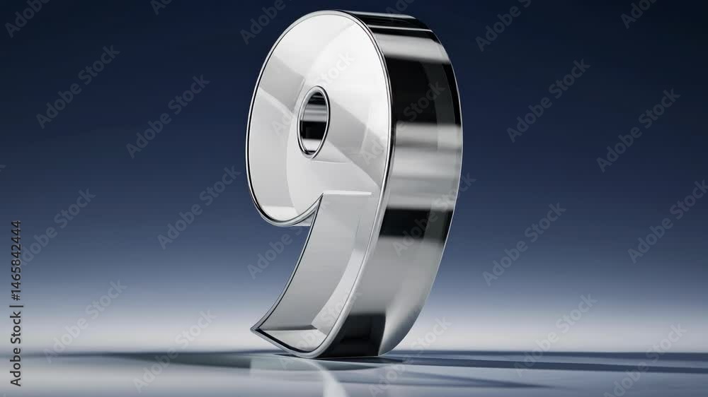 Poster polished chrome number 9 standing on a reflective surface with gradient background.