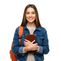 Smiling young student girl with a book isolated on a transparent background PNG.