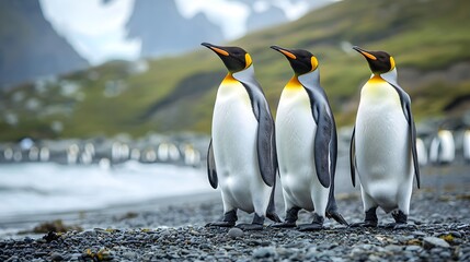 Fototapeta premium A trio of king penguins standing on a coastal landscape