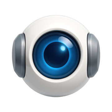 Futuristic glossy white sphere with a large, penetrating blue eye-like optical sensor and gray side components.