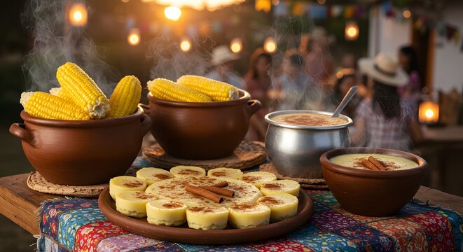 Rustic pots with cooked corn and curau on a June table decorated with colorful fabrics