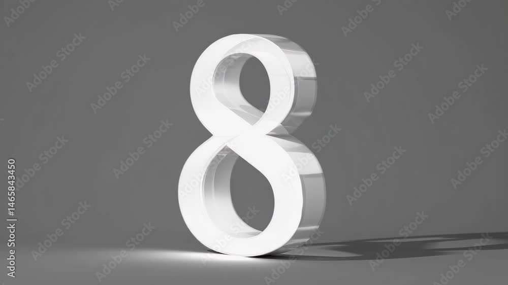 Poster white 3d number 8 with soft lighting and shadow on a gray background.