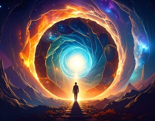 A surreal journey through a vibrant, cosmic portal reflecting inner exploration.