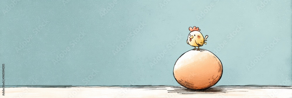 Aufkleber whimsical sketch of a small chicken happily perched on a large egg over a soothing pastel background