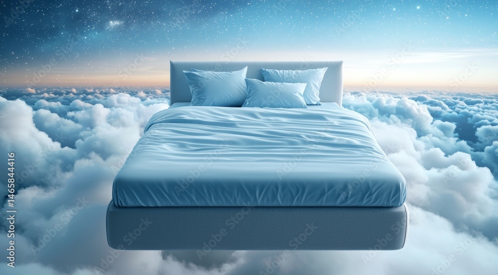 Poster bed is floating in the sky with clouds surrounding it