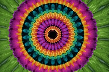 Vibrant circular mandala with rainbow feathered patterns and textured details