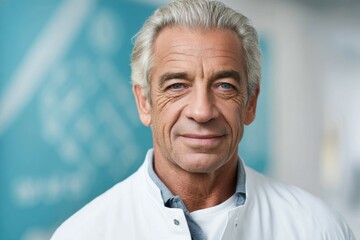 Mature caucasian male scientist in white lab coat smiling confidently