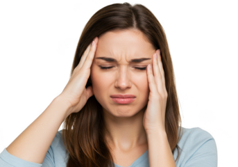 Woman with closed eyes holding her head with both hands in obvious pain and discomfort shown isolated on transparent background
