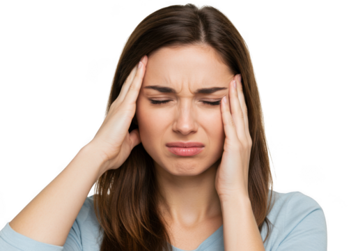 Woman with closed eyes holding her head with both hands in obvious pain and discomfort shown isolated on transparent background