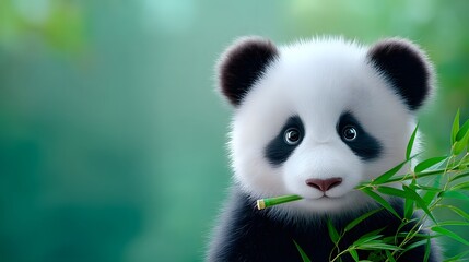 Fototapeta premium A captivating close-up of a panda bear munching on bamboo, surrounded by lush greenery. This adorable creature embodies tranquility and nature's beauty in a serene environment.
