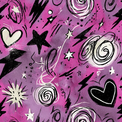 stars, hearts, swirls, energetic doodle pattern, electric pink background
