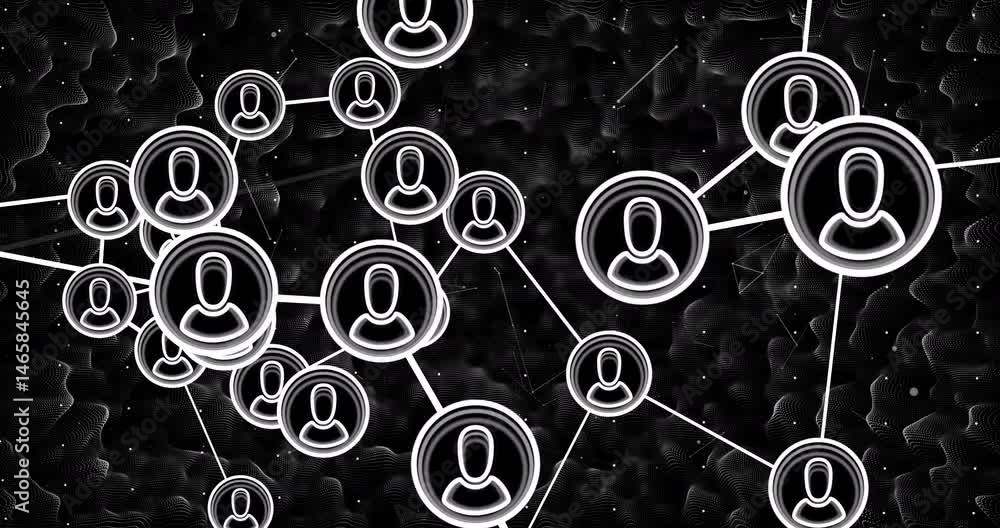 Poster network of user avatar icons animating in abstract digital mesh, featuring thin connecting lines