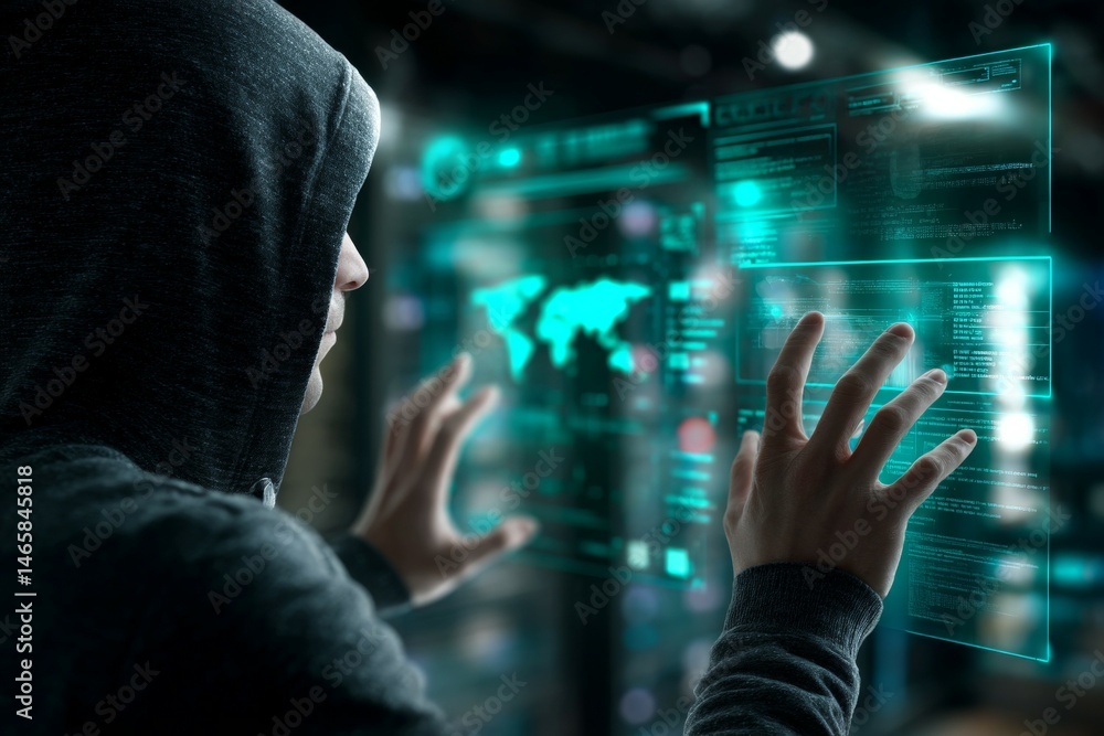 Poster male hacker engaging with digital interface in dark environment