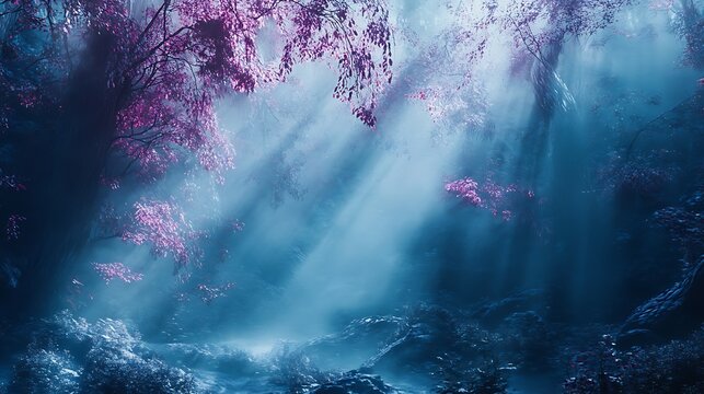 Ethereal pink leaves and blue hues create mystical forest with enchanting light