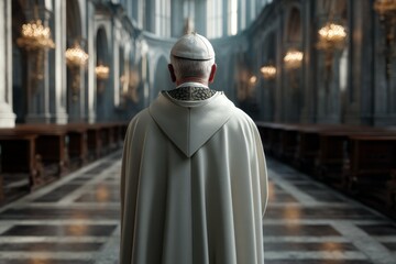 Naklejka premium Elderly caucasian male in cathedral with ornate architecture and chandelier lighting