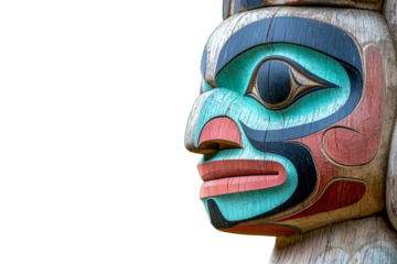 Wooden carving of a face with a red nose and blue eyes