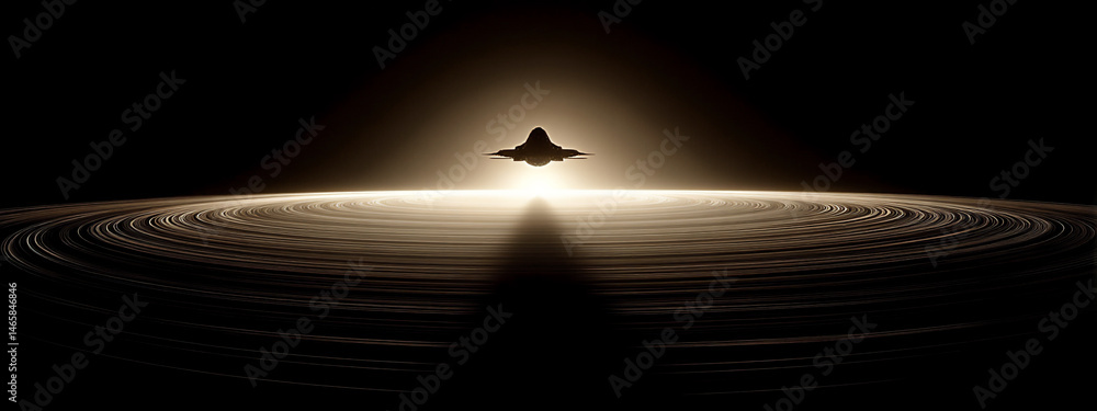 Poster an image depicting a spacecraft orbiting a ringed planet, emphasizing the scale and majesty of cosmi