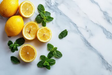 sliced lemons and fresh mint on marble surface 