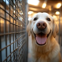 Happy dog behind cage, looking forward